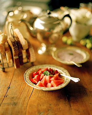 Strawberries and watermelon on a plate, Rowendale Homestead, Okains Bay, Banks Peninsula, South Island, New Zealand