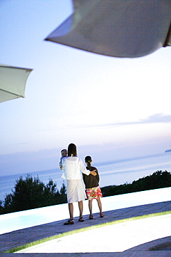 Mother with daughters at the pool, Las Dunas Playa, Formentera, Balearic Islands, Spain