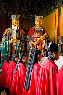 Taoist monks in Zhongyue temple, in Shaolin valley, Taoist Buddhist mountain, Song Shan, Henan province, China, Asia