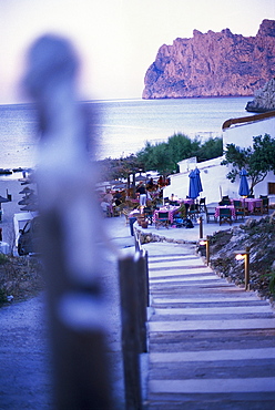 Beach restaurant in the evening light, Cala San Vicente, Majorca, Balearic Islands, Spain