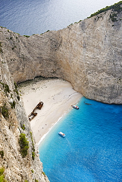 High angle view at the Shipwreck Beach in the sunlight, Zakynthos, Ionian islands, Greece, Europe