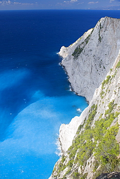 High angle view at the Shipwreck Beach in the sunlight, Zakynthos, Ionian islands, Greece, Europe