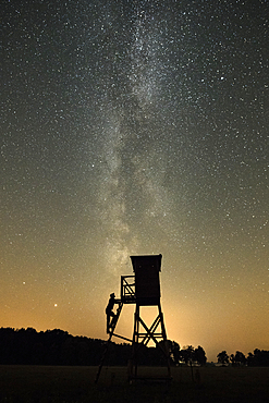 Milky Way over the Spreewald in front of Jägerstand silhouette, Germany, Brandenburg, Spreewald