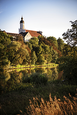 View over Danube to old town with Christ Church, Neuburg an der Donau, District of Neuburg-Schrobenhausen, Bavaria, Germany