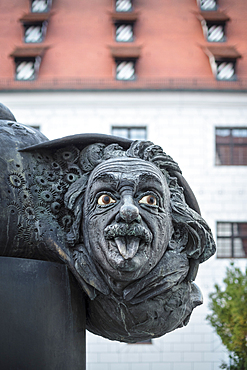 Albert Einstein Fountain in Ulm, Danube, Swabian Alb, Baden-Württemberg, Germany