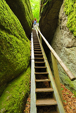 Woman an staircase, Felsenpark, castle Falkenstein, Bavarian Forest, Upper Palatinate, Bavaria, Germany