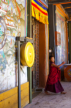 A boy monk, dressed in bright colors, shot inside a Bhutanese monistary. Bhutan.