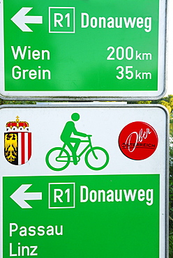 Sign Danube Cycle Route Passau to Vienna, Mauthausen, Upper Austria, Austria