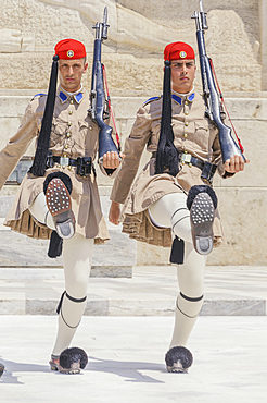 Evzone soldiers performing change of guard, Athens, Greece, Europe,