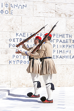 Evzone soldiers performing change of guard, Athens, Greece, Europe,