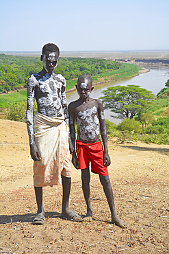 Ethiopia; Southern Nations Region; Kolcho village; on the Omo River; two boys with body paint; Ethnic group of the Karo