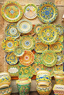 Traditional plates on display, Erice. Sicily, Italy