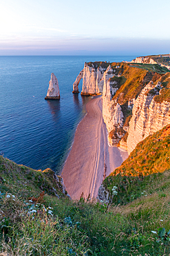 Porte d'Aval rock arch and the Aiuille rock needle on the Alabaster Coast near Étretat, Normandy, France.