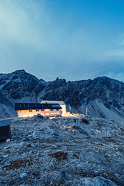 Twilight Totalphütte in the Rätikon above the Lünersee, Vorarlberg, Austria, Europe