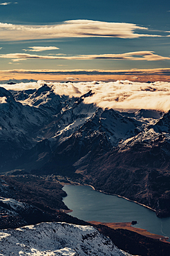 View of Maloja and Lake Sils in the Engadin from the Corvatsch Glacier, Engadin, Graubünden, Switzerland, Europe