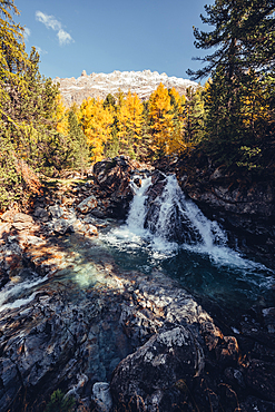 Waterfall near the Morteratsch Glacier in Engadin, Grisons, Switzerland, Europe