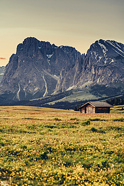 Sunrise on the Seiser Alm in South Tyrol, Italy, Europe;