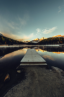 Jetty on Lake Staz, Engadin, Grisons, Switzerland, Europe