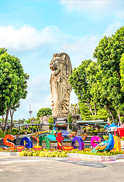 Sentosa Merlion statue with colorful Deepavali decoration, Sentosa Island, Singapore