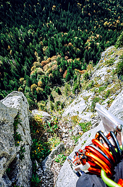 Looking down on the multi-pitch route on Leonhardstein, Bavarian Prealps