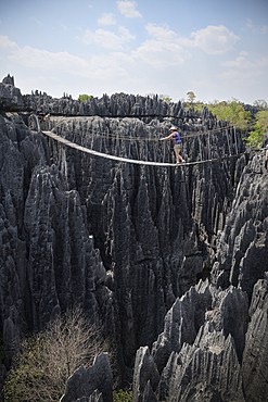 Woman anxiously crossing rope bridge, karst landscape in Tsingy de Bemaraha National Park, Madagascar, Mahajanga Province, Africa, UNESCO World Heritage Site