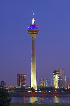 Morning, View from Duesseldorf - Oberkassel at Duesseldorf with Television Tower (Rheinturm), Lower Rhine, North Rhine-Westphalia, Germany, Europe