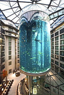 the 5 star Radisson SAS Hotel features the world's largest cylindrical aquarium. entrance to Aqua Dom, a diver cleans the tank, Berlin, Germany