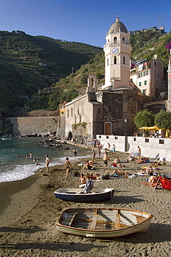 Beach with S. Margherita church in the background, Vernazza, Cinque Terre, La Spezia, Liguria, Italian Riviera, Italy, Europe