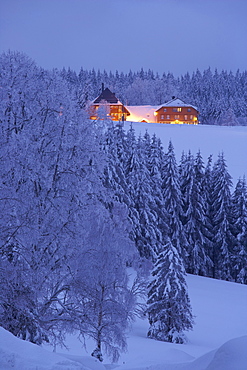 Winter's evening, View at the Thurner Wirtshaus ( Pub), Black Forest, Baden-Wuerttemberg, Germany, Europe