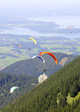 Paragliders at mount Hochries, Chiemgau, Bavaria, Germany