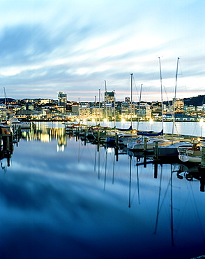 Sailing boats at Chaffers Marina at Lambton Harbour in the evening, view at Central Business District, Wellington, North Island, New Zealand