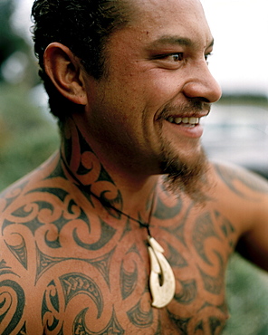 Maori man Louis with traditional tattoo on upper part of body, North Island, New Zealand