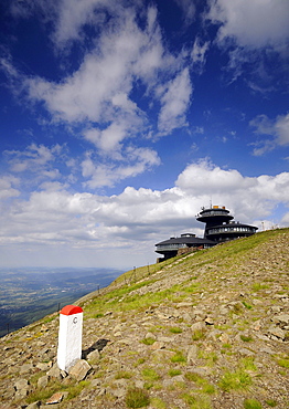 View at the weather station on the summit of the Schneekoppe, Bohemian mountains, Lower Silesia, Poland, Europe