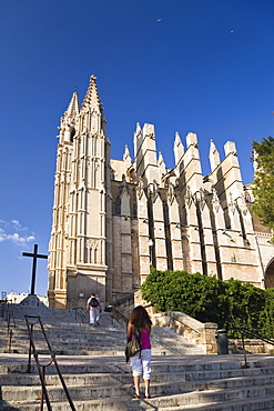 Cathedral La Seu under blue sky, Palma, Mallorca, Balearic Islands, Spain, Europe