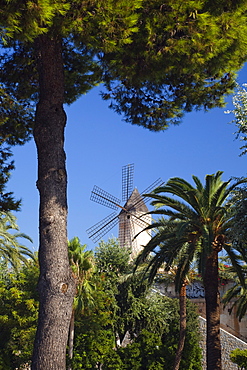 Historic windmill of Es Jonquet at the Old Town of Palma, Mallorca, Balearic Islands, Mediterranean Sea, Spain, Europe