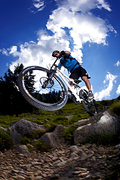 Man riding mountain bike, Spitzingsee, Bavaria, Germany