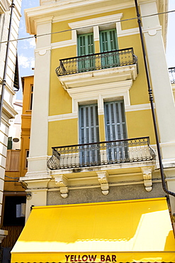 Yellow canvas blind at a bar, San Remo, Liguria, Italy, Europe