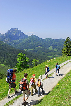 Group of hikers with children, Bavarian Alps, Upper Bavaria, Bavaria, Germany