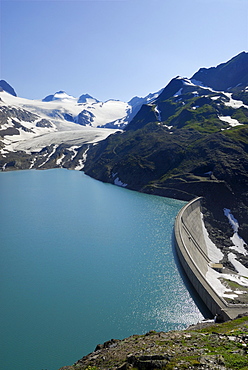 Reservoir Griessee with dam wall, Gries Glacier in background, Ticino Alps, Canto of Valais, Switzerland