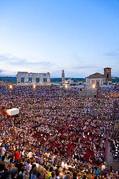 Open-air opera performance of Nabbuco in the evening in the Verona Arena, Verona, Veneto, Italy