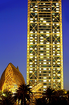 Hotel Arts at night, Port Olympico, Barcelona, Catalonia, Spain