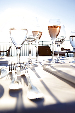 Glasses filled with champagne and water, restaurant Hotel Buehlerhoehe, Buehl, Black Forest, Baden-Wuerttemberg, Germany