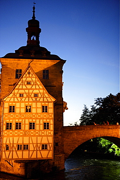 Old city hall and bridge over the Regnitz river, Bamberg, Upper Franconia, Bavaria, Germany