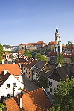 Panoramic view over the old town and the castle from the garden of the former Jesuit college, Cesky Krumlov, South Bohemian Region, Czech Republic