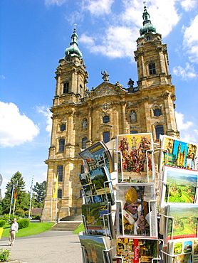 A postcard stand in front of the Basilica ot the Fourteen Holy Helpers, Franconia, Bavaria, Germany