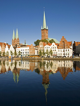 The Old Town at the river Trave under blue sky, Hanseatic City of Luebeck, Schleswig Holstein, Germany