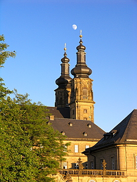 Banz Monastery under blue sky, Main Valley, Franconia, Bavaria, Germany