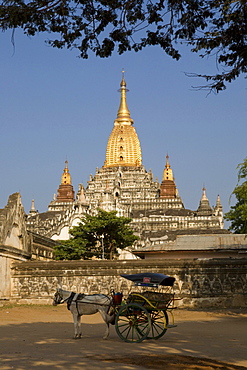 Horse coach in front of a pagode in Bagan, Myanmar, Burma