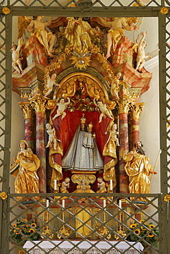 madonna in chapell Lorettokapelle, pilgrimage chapell, interior view, Oberstdorf, Allgaeu range, Allgaeu, Swabia, Bavaria, Germany