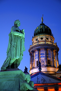 French Cathedral and Schiller statue at night, Gendarmenmarkt, Berlin, Germany